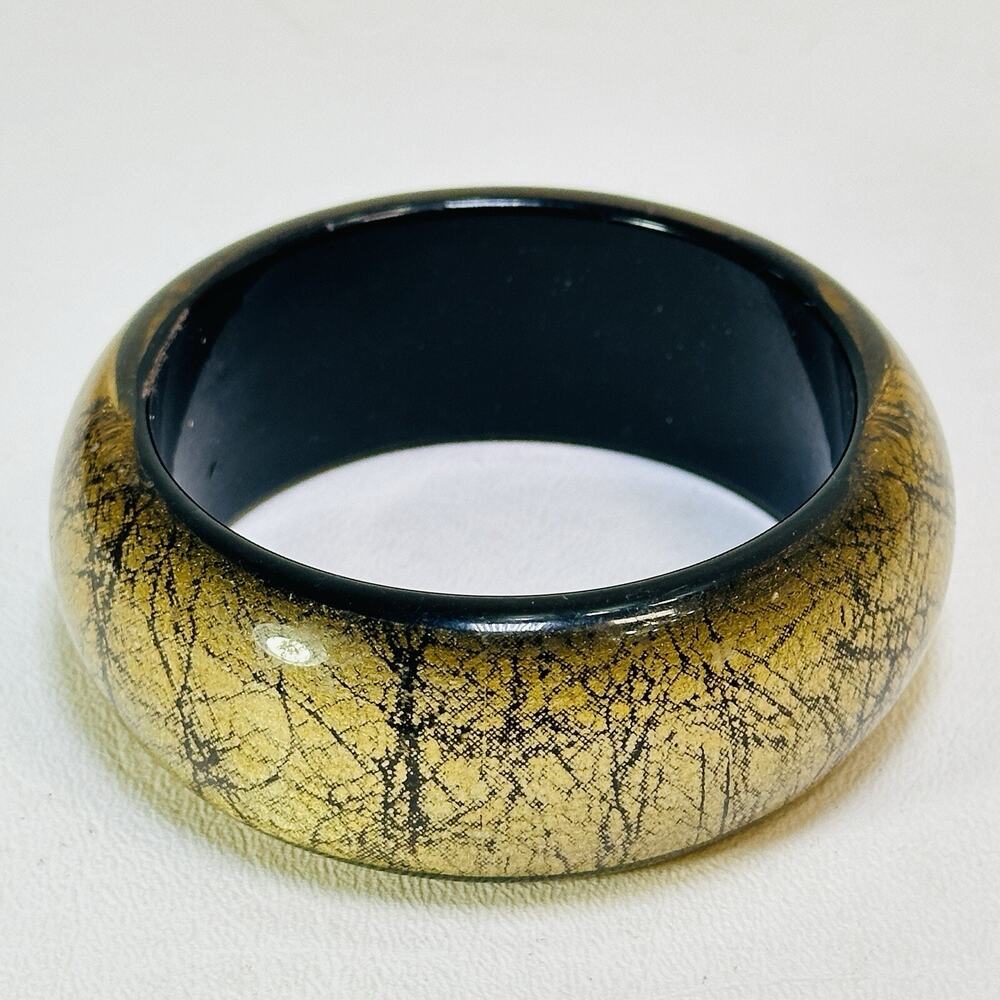 Vintage Lucite Black Gold Foil Bracelet Bangle Black Metallic Shiny Chunky Round